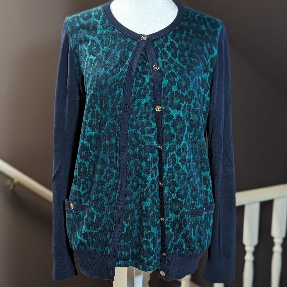 Like new! Ann Taylor Cheetah print Cardigan Sweater set, Navy and Teal, Size M/L